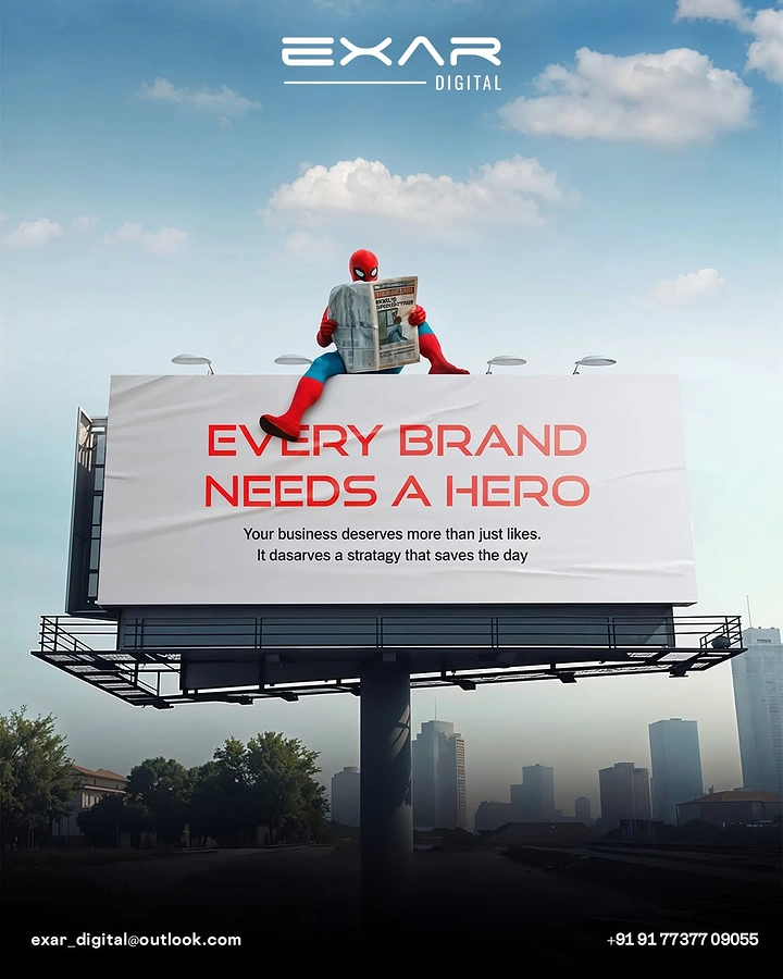 Agency creative ad: Spider-Man reading atop billboard, brand hero