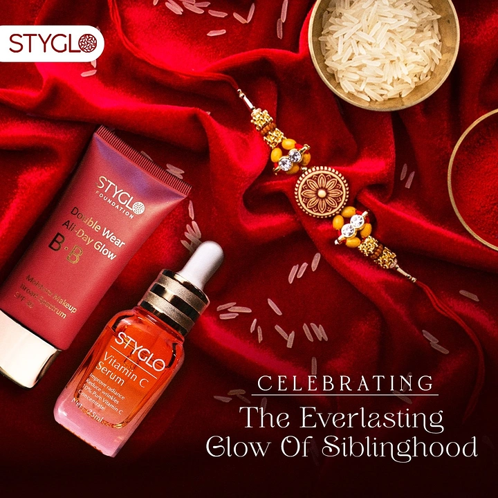 Raksha Bandhan creative ad: Foundation tube and vitamin C serum beside a rakhi on red velvet