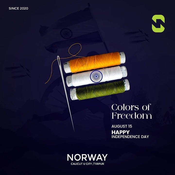 Independence Day creative ad: Saffron, white and green thread spools with needle forming a flag
