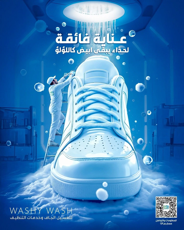 Laundry & Dry Cleaning creative ad: Giant sneaker cleaned by miniature workers
