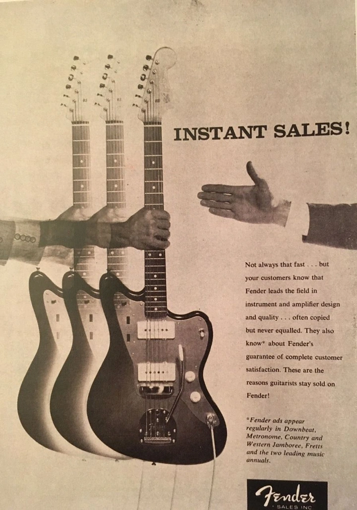 Musical Instrument Stores creative ad: Three electric guitars held by overlapping arms and hands