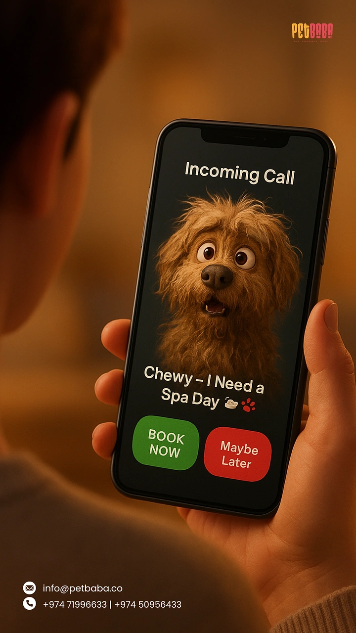 Pet Grooming creative ad: Dog 'incoming call' asking for spa day