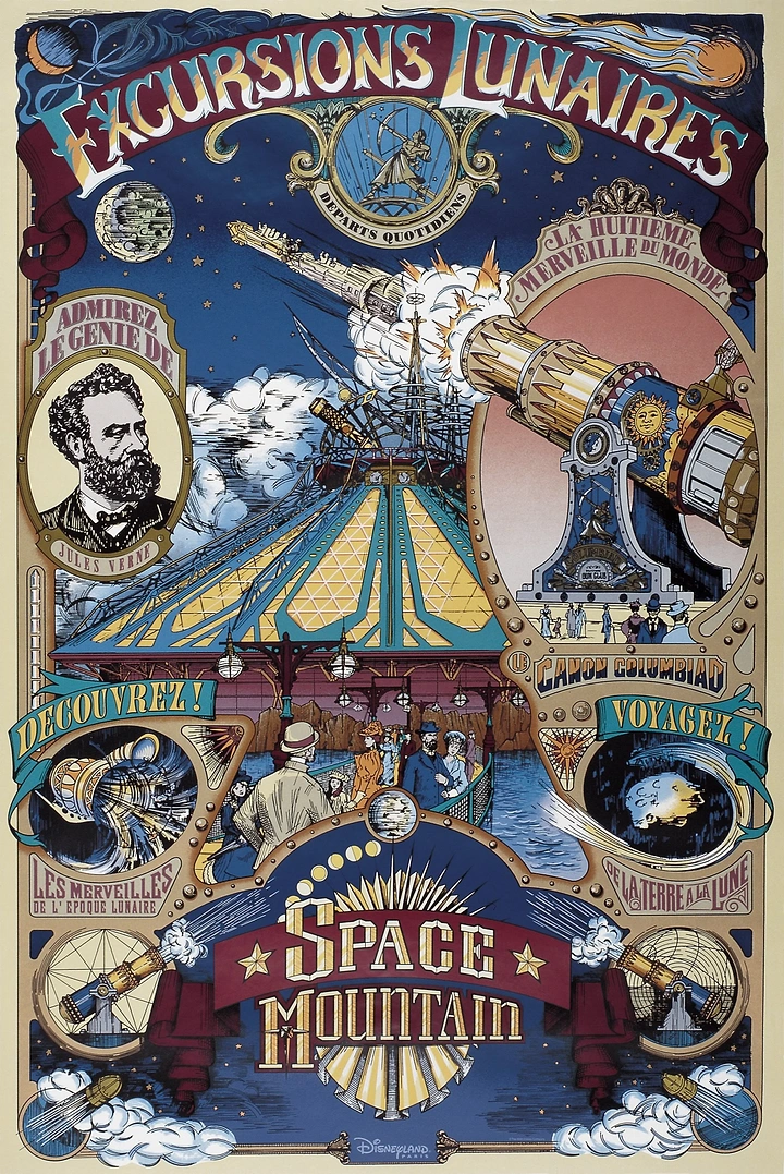 Amusement & Water Parks creative ad: Victorian steampunk moon cannon launching over a crowded station