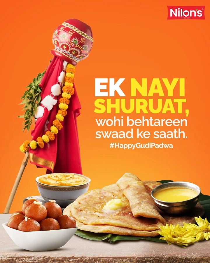 other-festival creative ad: Gudi with a festive spread of puran poli, shrikhand and gulab jamun