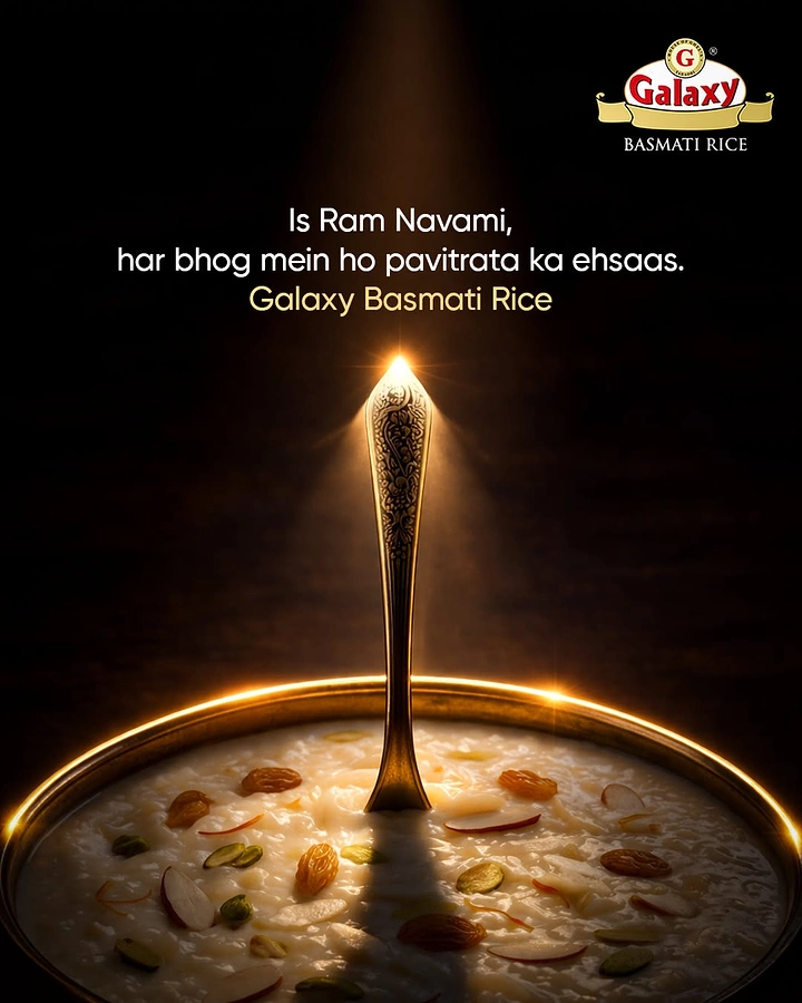 other-festival creative ad: Rice kheer in brass bowl with ornate spoon under a divine light beam
