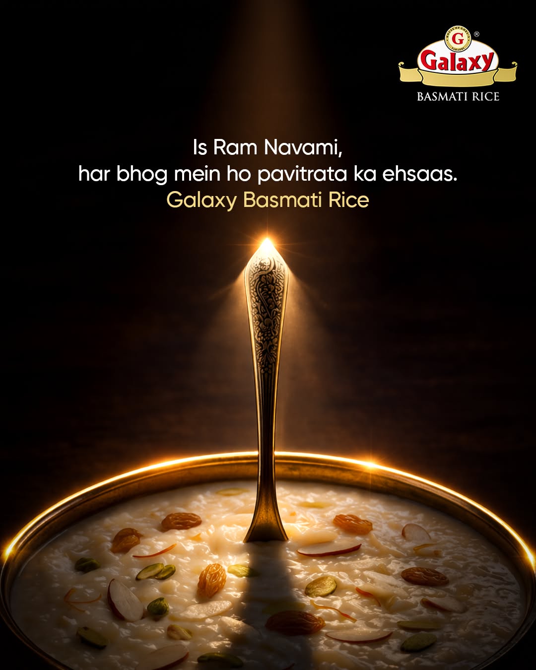Rice kheer in brass bowl with ornate spoon under a divine light beam