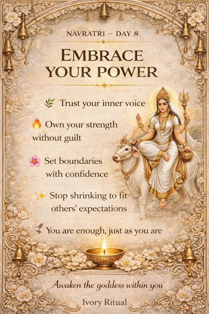 Navratri creative ad: Illustrated goddess seated on a white bull within an ornate devotional frame