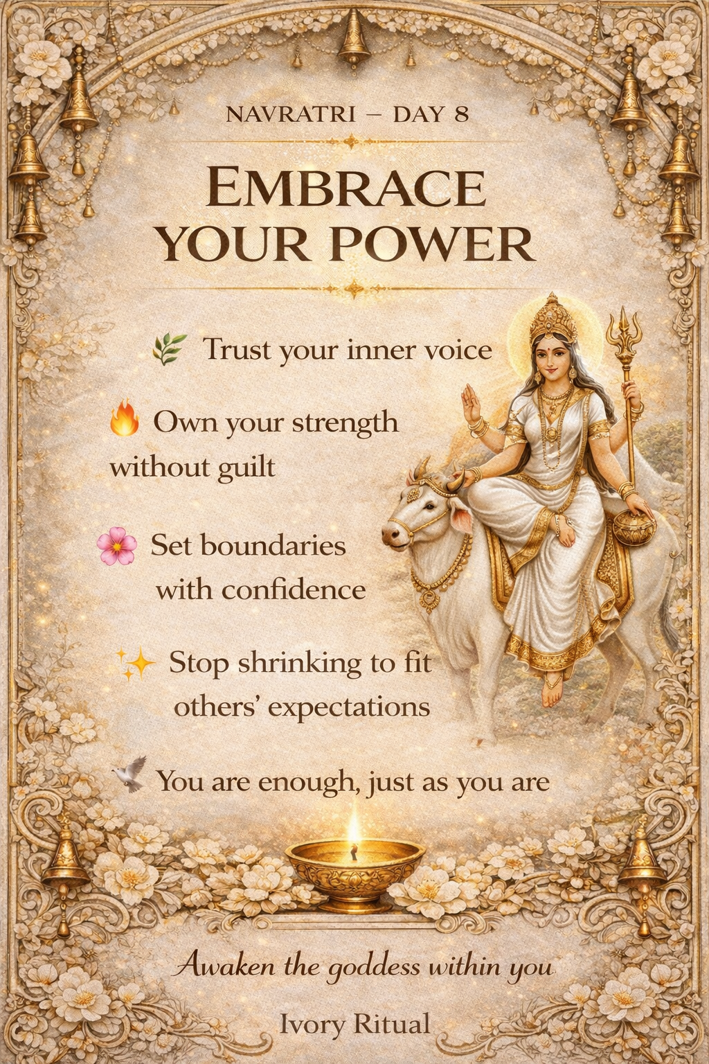 Navratri Email design: Illustrated goddess seated on a white bull within an ornate devotional frame