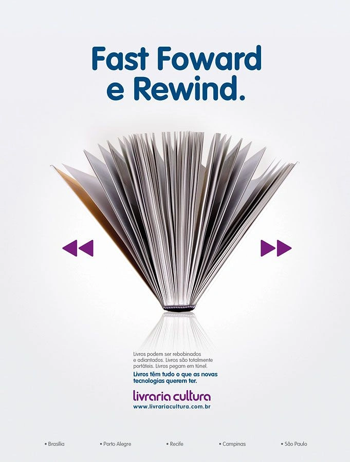 Bookstores creative ad: Fanned book pages as fast-forward/rewind metaphor