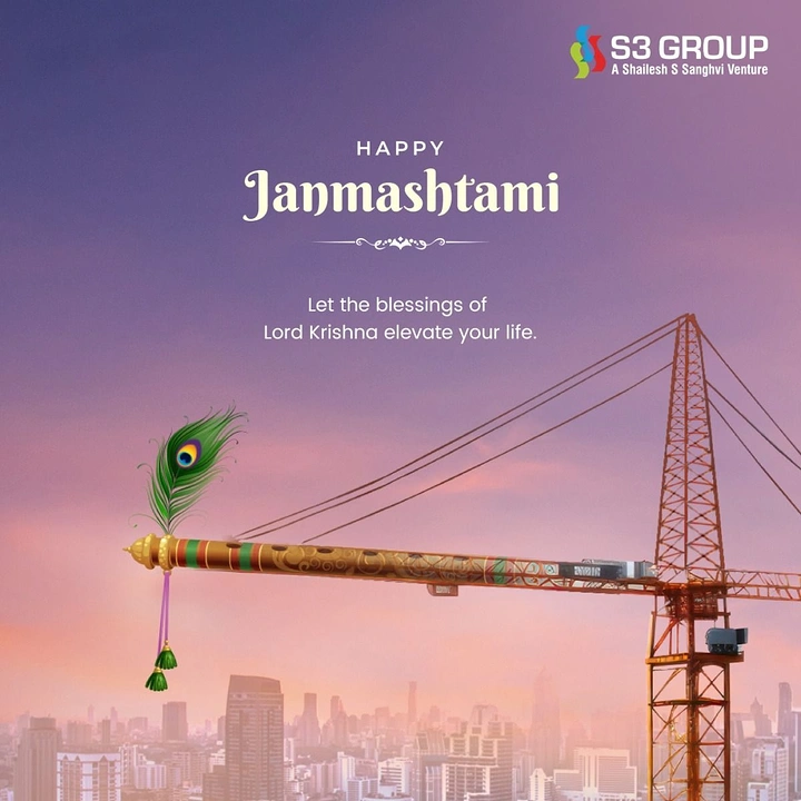 Janmashtami creative ad: Construction crane holding Krishna's flute