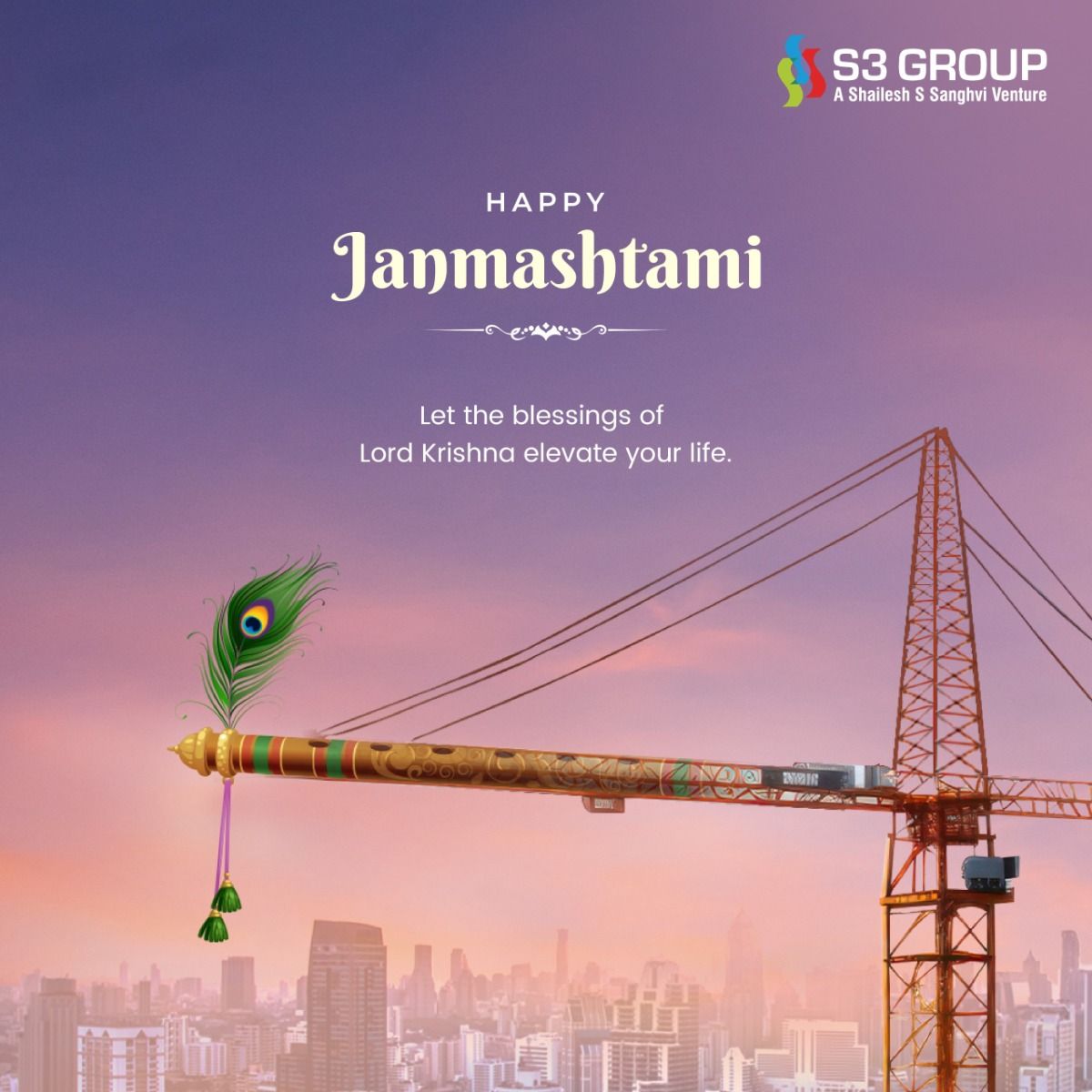 Construction crane holding Krishna's flute