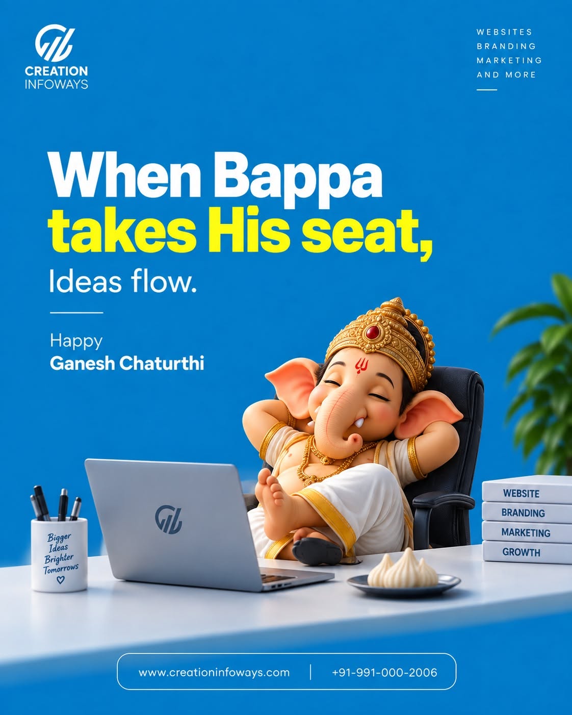 Cute 3D baby Ganesha leaning back in an office chair at a desk