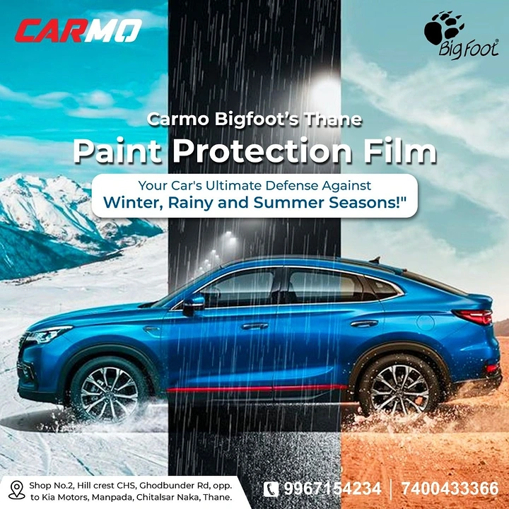 Window Tinting & Car Wraps creative ad: Car framed by seasonal weather extremes