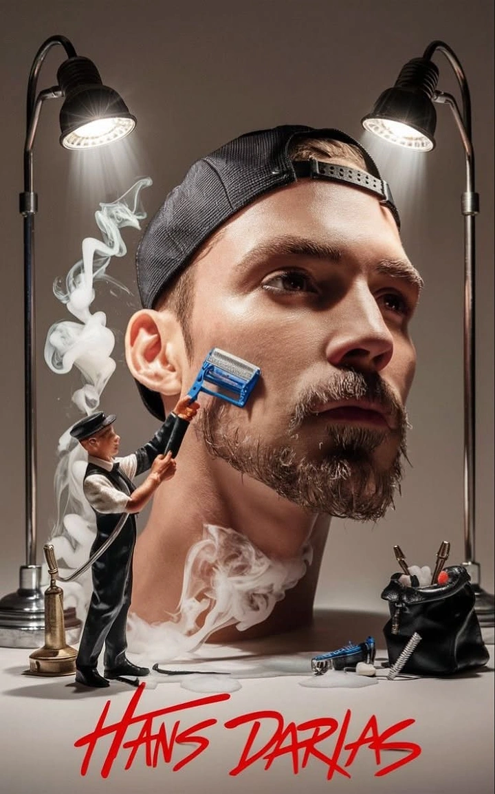 Barber Shops creative ad: Miniature barber shaving giant head, surreal scale