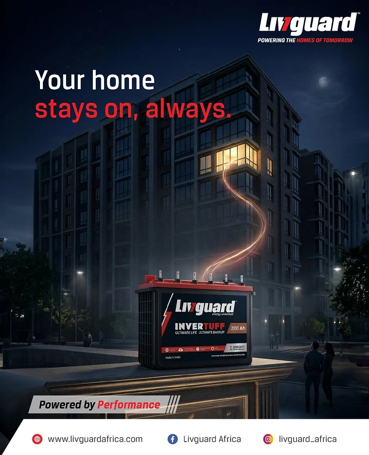 Electrical Goods Stores creative ad: Inverter battery sending a glowing energy trail to a lit apartment window at night