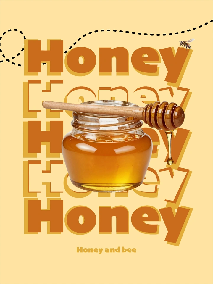 Honey Brands creative ad: Repeated Honey typography frames product jar