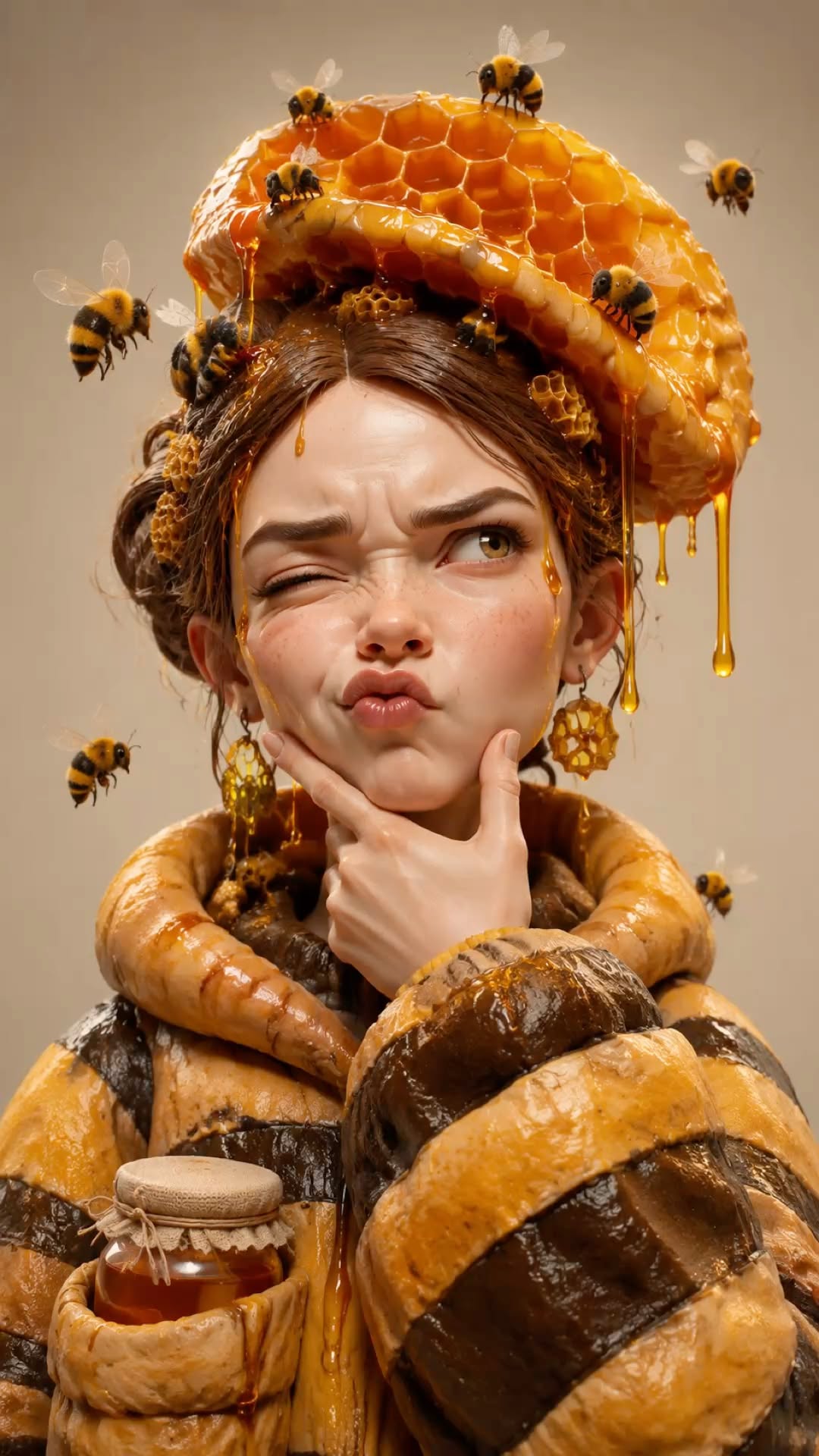 Story: Woman humorously wears honeycomb