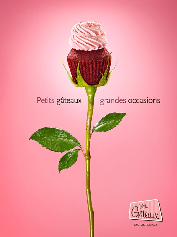 Valentine's Day creative ad: Red velvet cupcake replacing the bloom of a long-stem rose