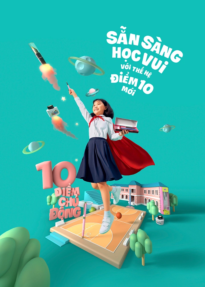 Creative ad: Schoolgirl in a red cape leaping with a pen over a miniature 3D school