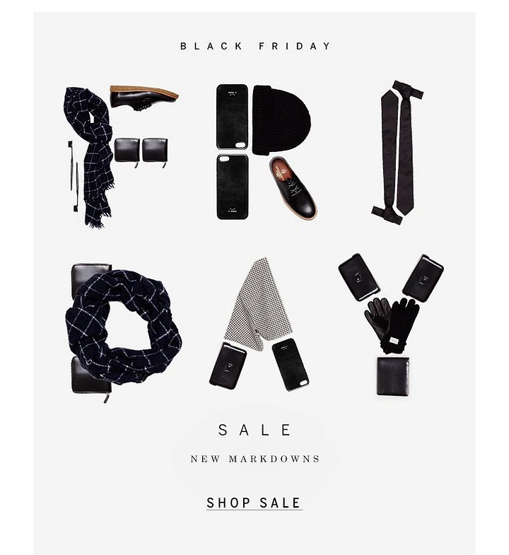 Black Friday creative ad: Black accessories flat-laid to spell out the word FRIDAY
