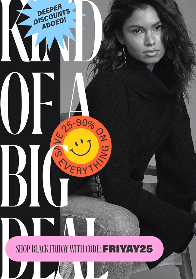 Black Friday creative ad: Black and white portrait of a woman in a chunky knit sweater seated on a chair