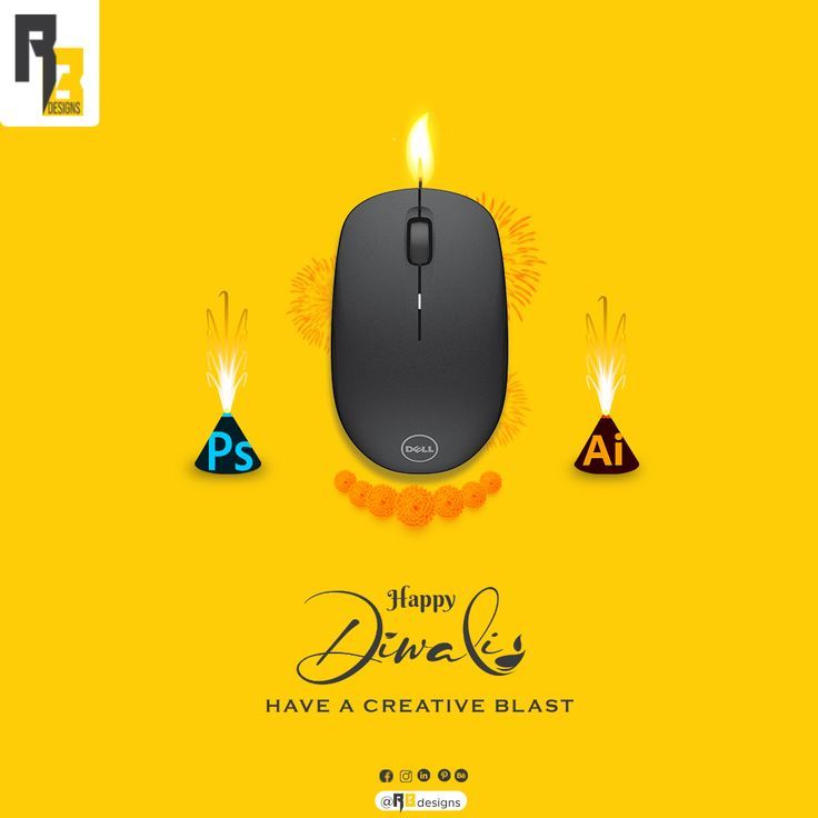 Black computer mouse with a flame on top as a diya, flanked by app-icon fountain crackers