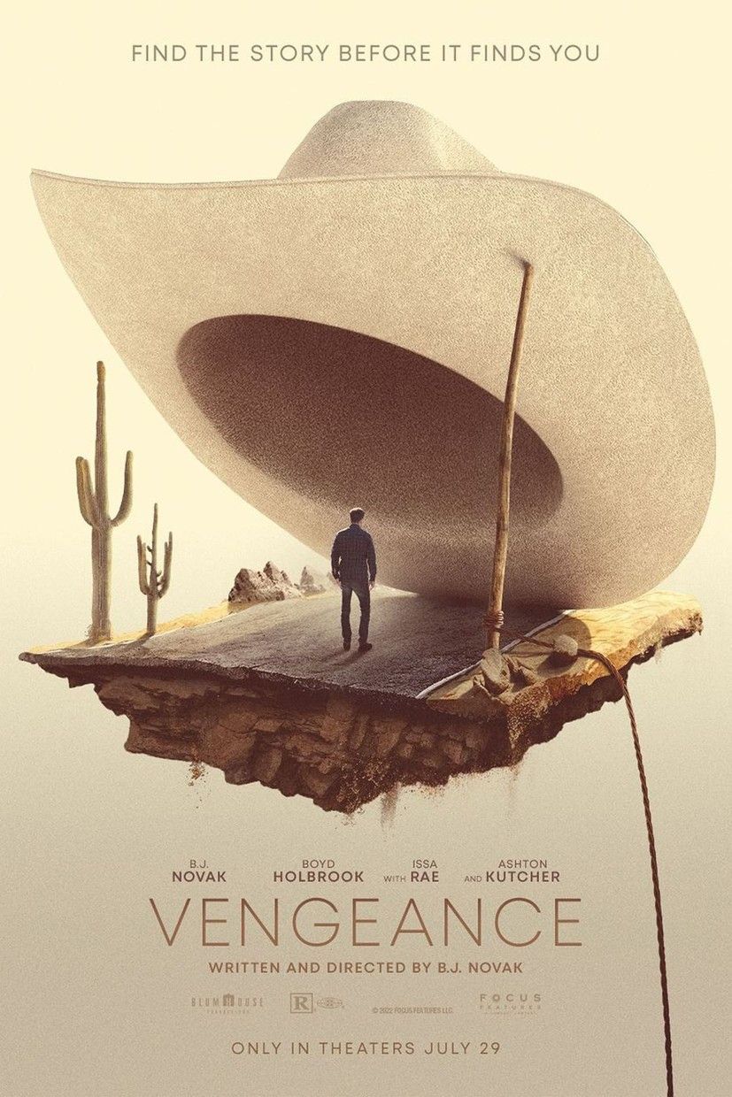 Poster: A lone man walking beneath an enormous floating cowboy hat in a desert