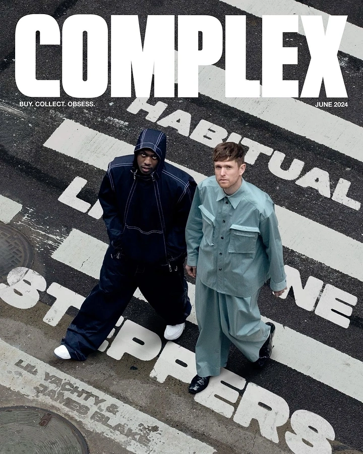 Creative ad: Two men in oversized outfits walking across a crosswalk, shot from above