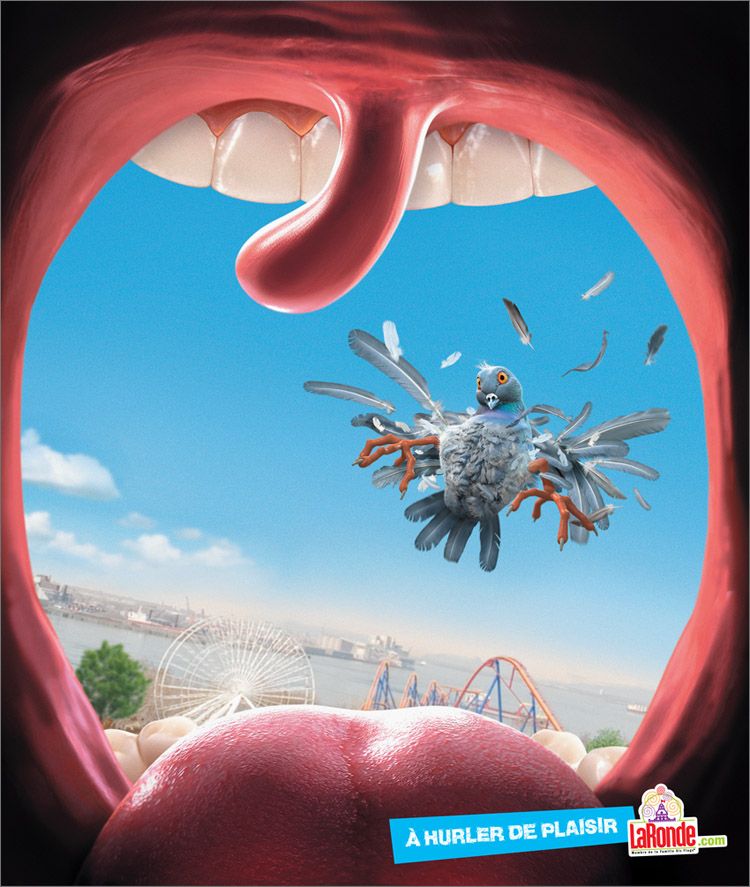 Poster: View from inside a screaming mouth: a pigeon blasted apart into feathers over an amusement park