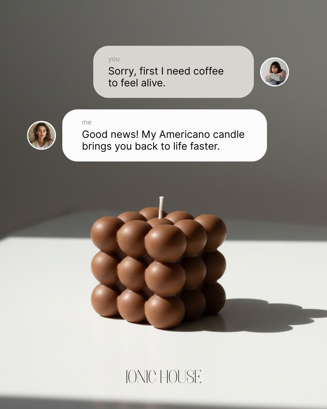 Instagram post: Chat bubble joke on coffee candle