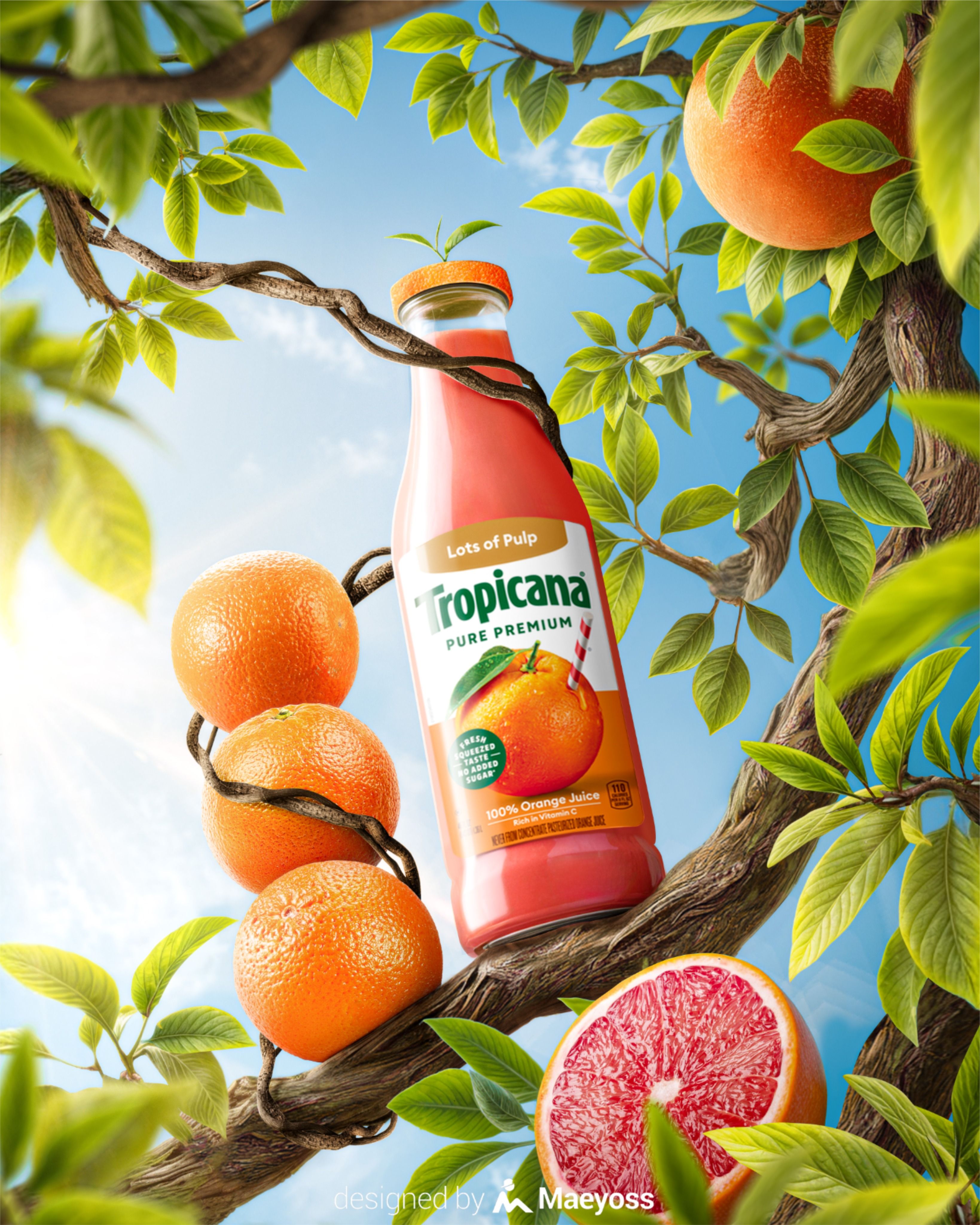 Instagram post: Juice bottle wrapped by tree branches among oranges