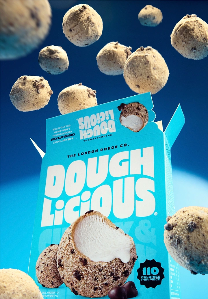 Ice Cream & Gelato creative ad: Open cyan box with cookie dough bites flying out