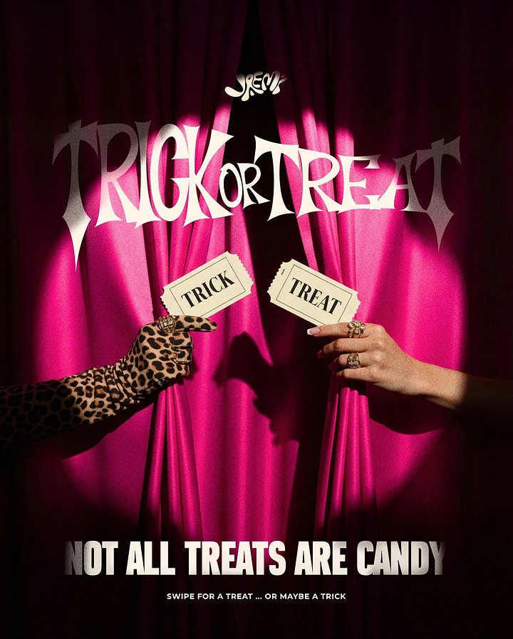 Halloween creative ad: Two hands holding trick and treat tickets before a spotlit pink curtain