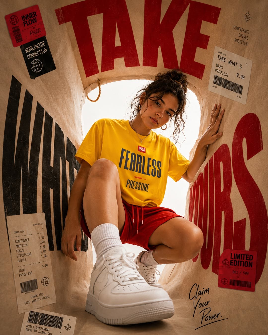 Model in yellow tee reaching out from inside a paper shopping bag