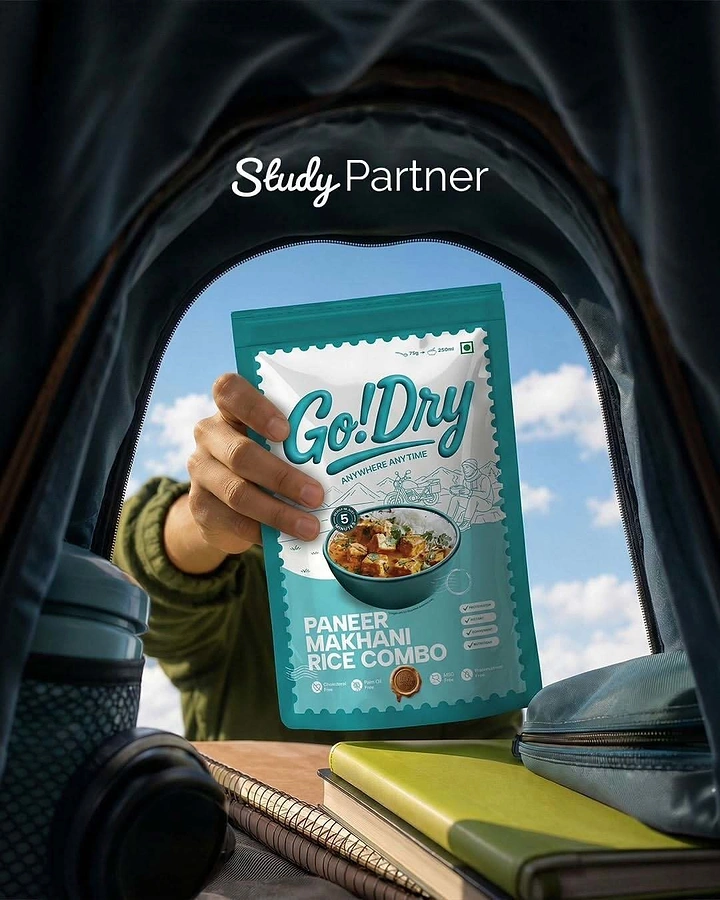Creative ad: Hand pulling a teal ready-meal pouch out of an open backpack