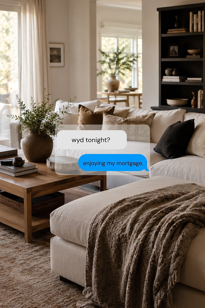 Mortgage & Home Loan Brokers creative ad: Warm neutral living room with text-message bubbles overlay