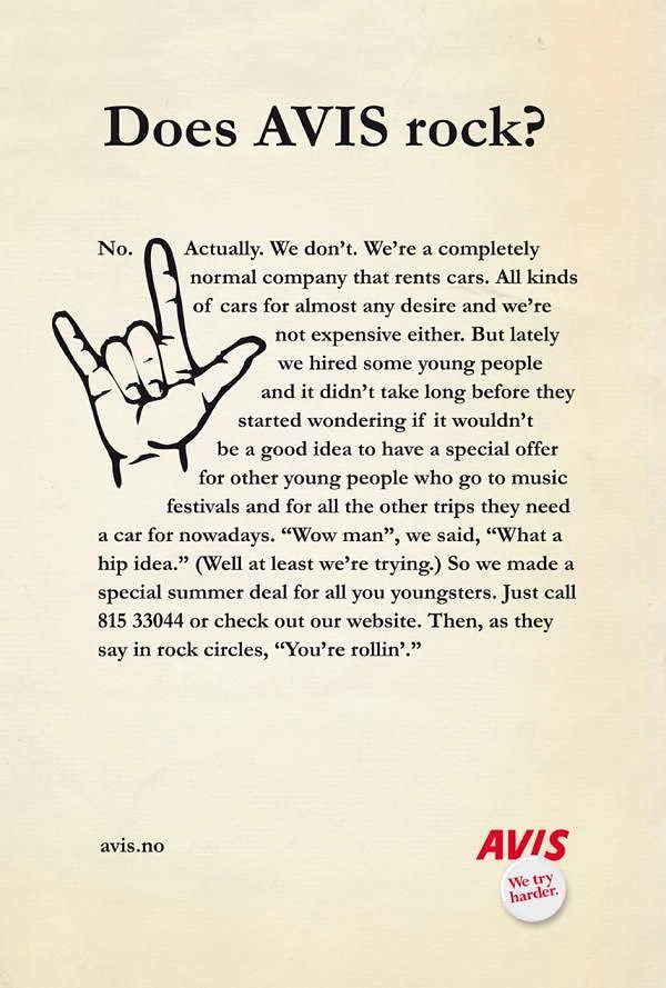 Car Rental creative ad: Witty self-deprecating Avis rock copy