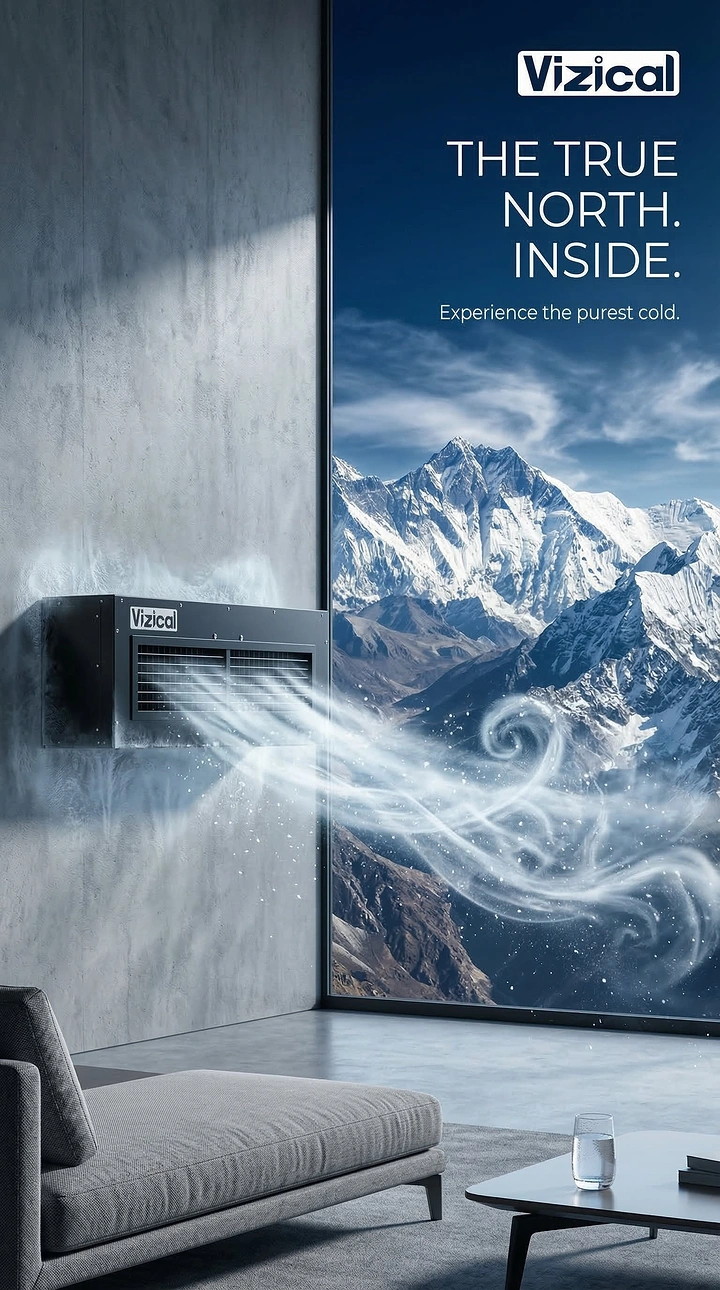 Home Appliances creative ad: Dark AC unit blowing icy wind toward Himalayan peaks