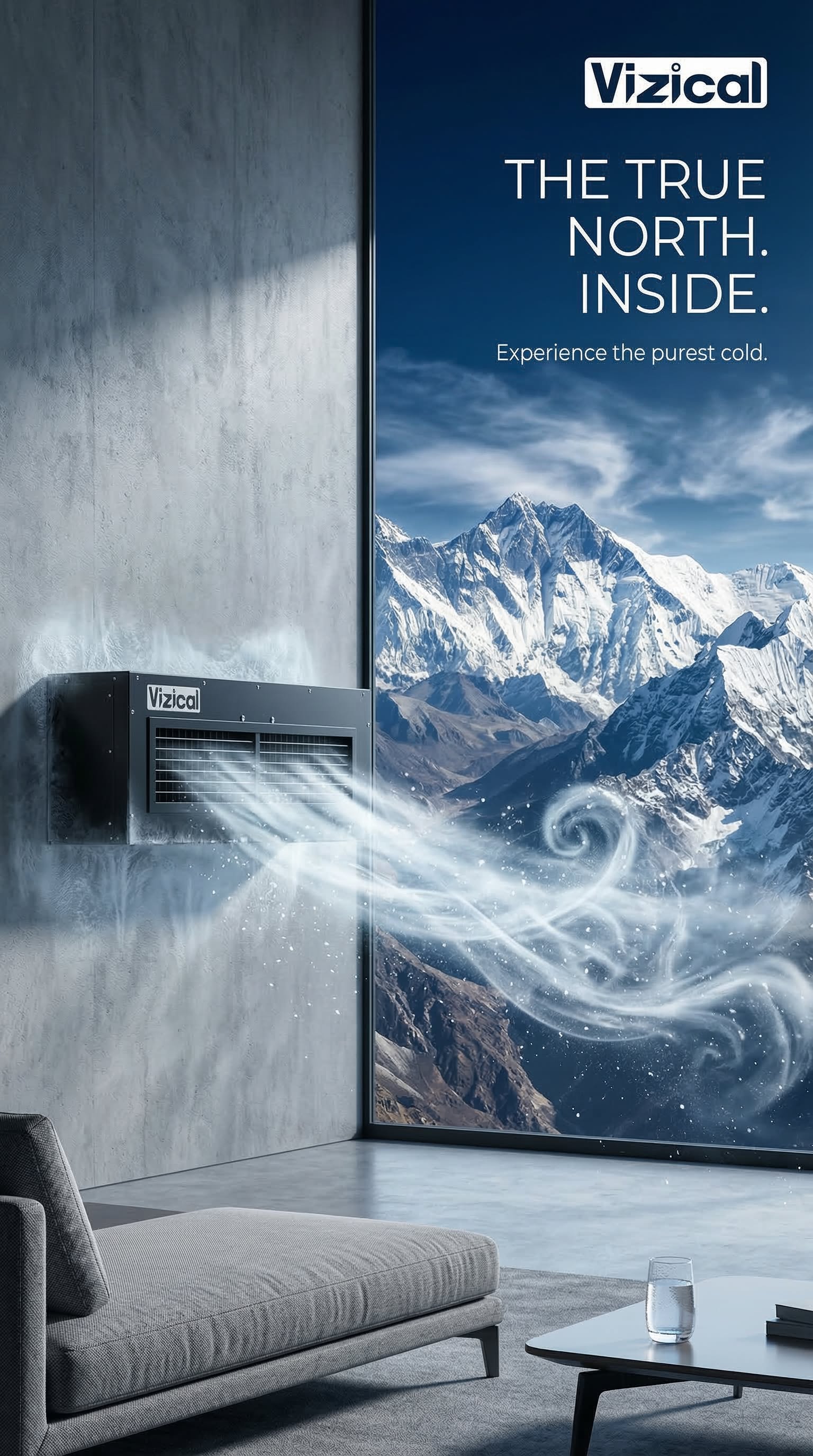 Story: Dark AC unit blowing icy wind toward Himalayan peaks, slide 1