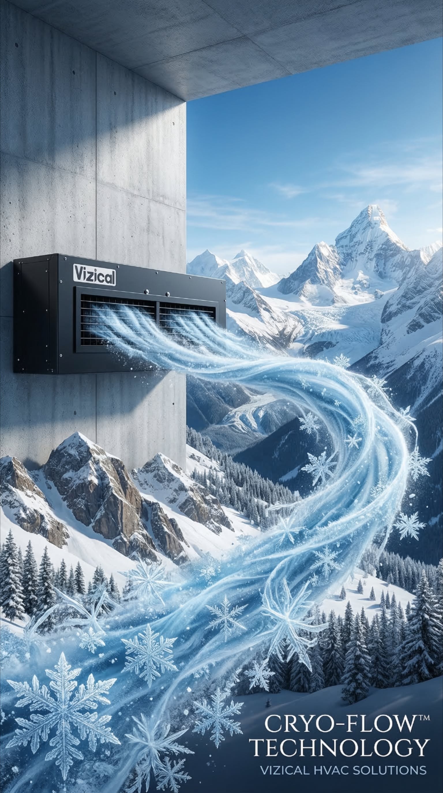 Story: Dark AC unit blowing icy wind toward Himalayan peaks, slide 2