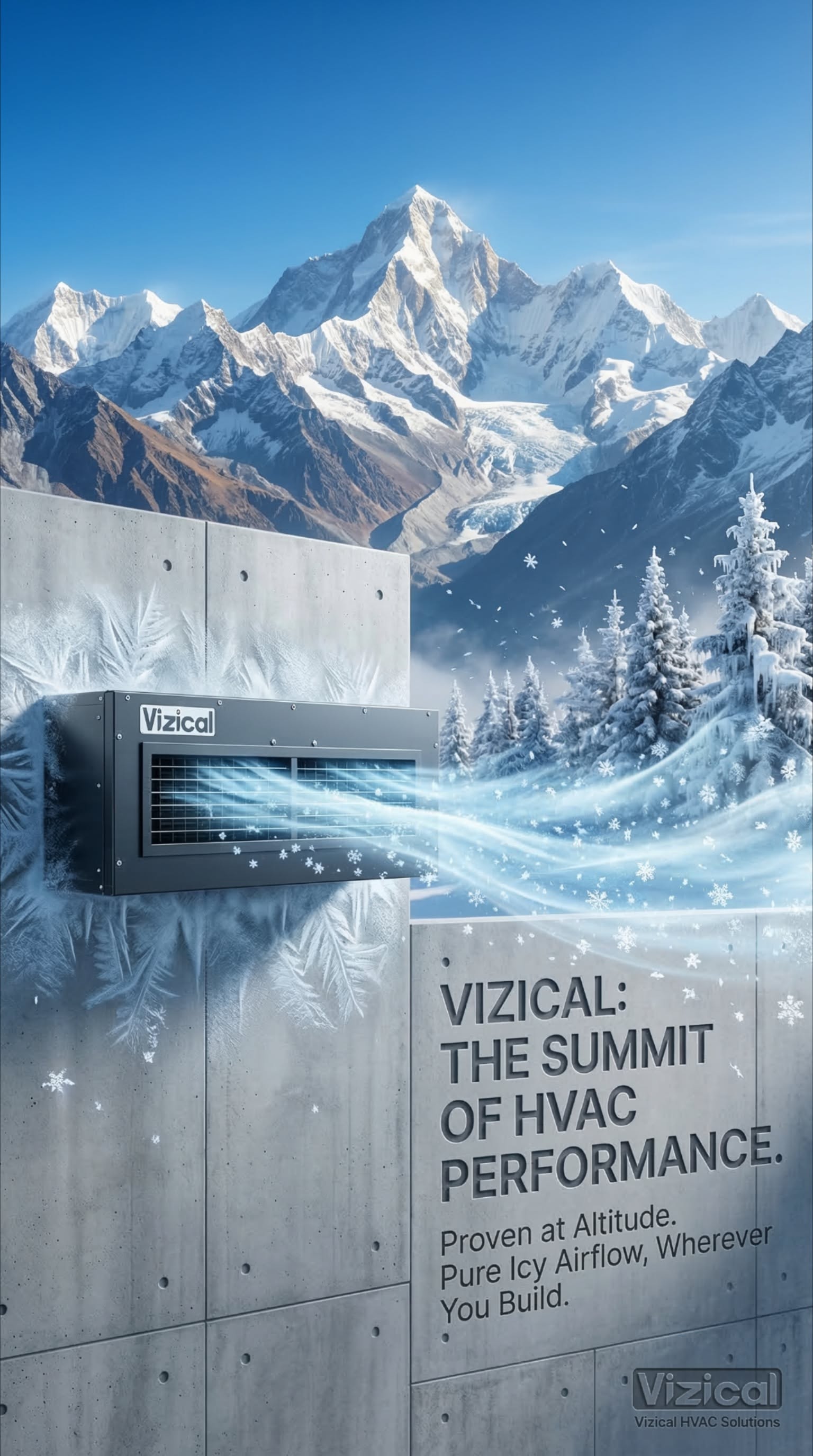 Story: Dark AC unit blowing icy wind toward Himalayan peaks, slide 3