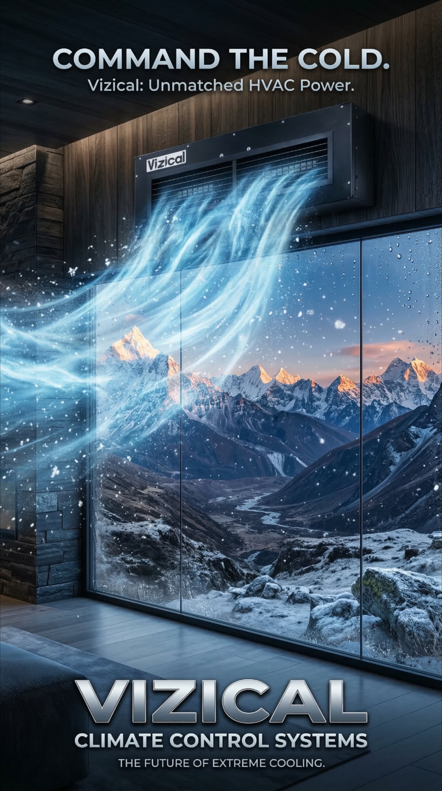 Story: Dark AC unit blowing icy wind toward Himalayan peaks, slide 4