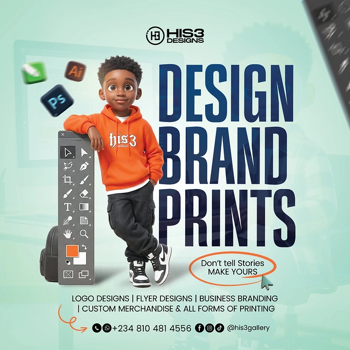 Printing Shops creative ad: 3D kid leaning on Photoshop toolbar