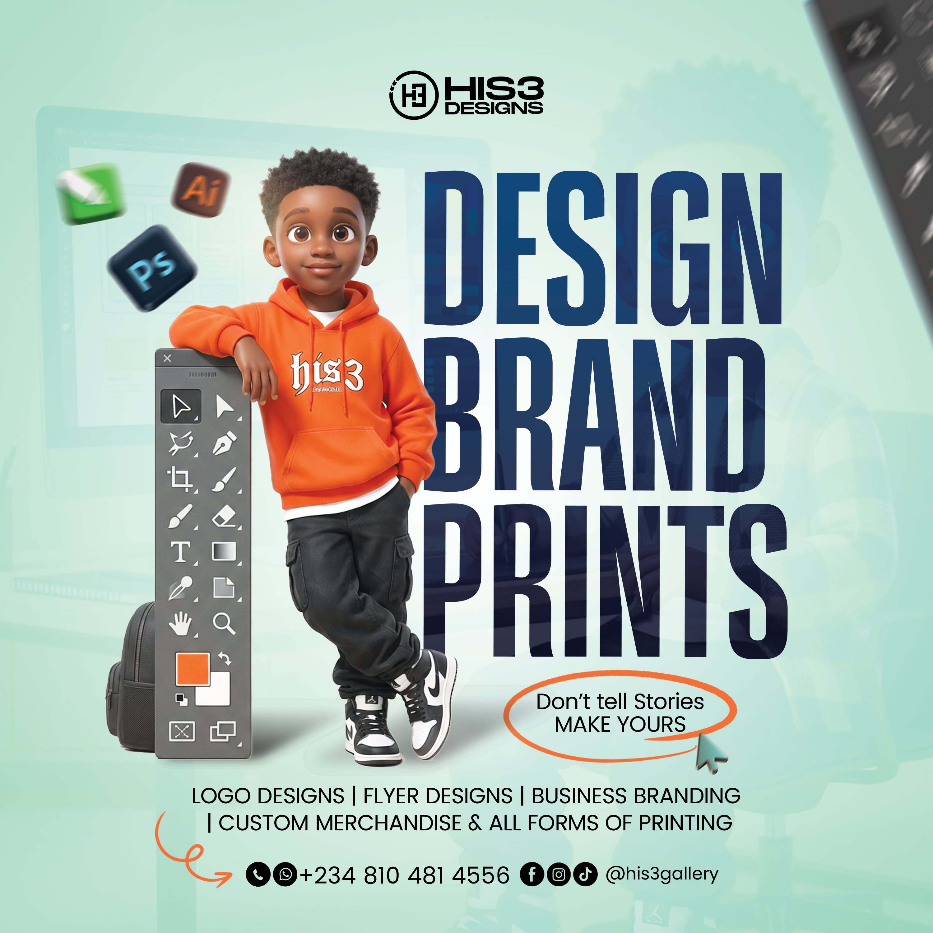 Instagram post: 3D kid leaning on Photoshop toolbar