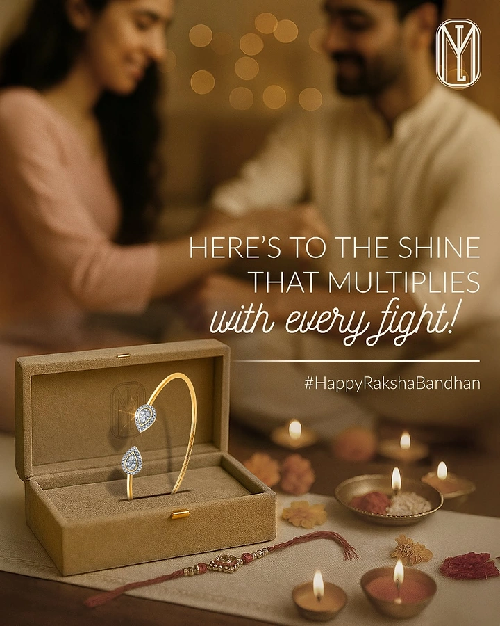 Raksha Bandhan creative ad: Diamond cuff in open velvet box beside a rakhi