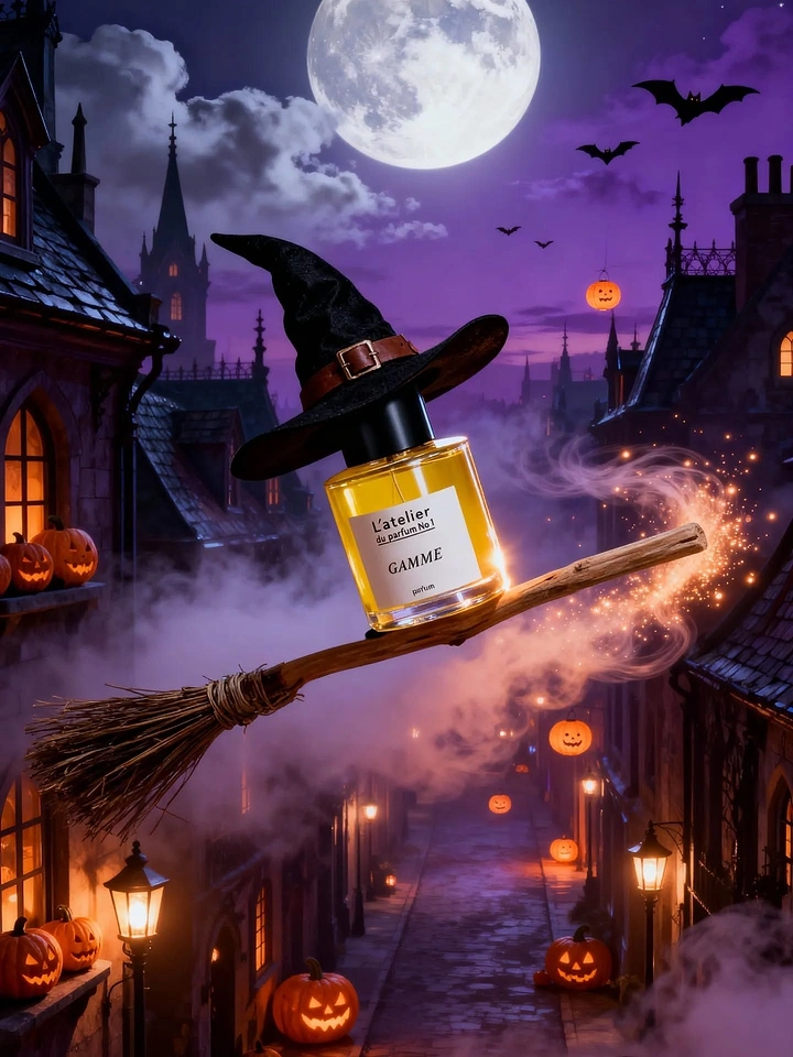 Halloween creative ad: Perfume bottle in a witch hat riding a broomstick over a gothic street