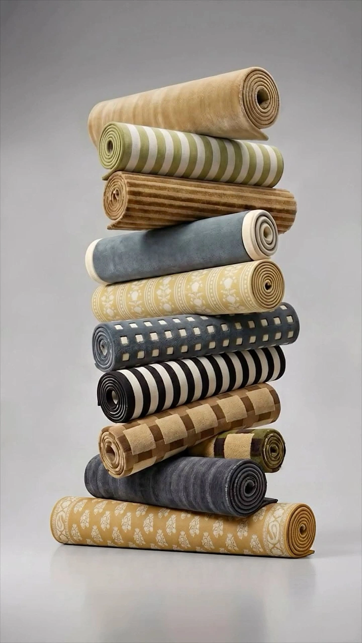 Rugs & Carpets creative ad: Unexpected tower of rolled rugs