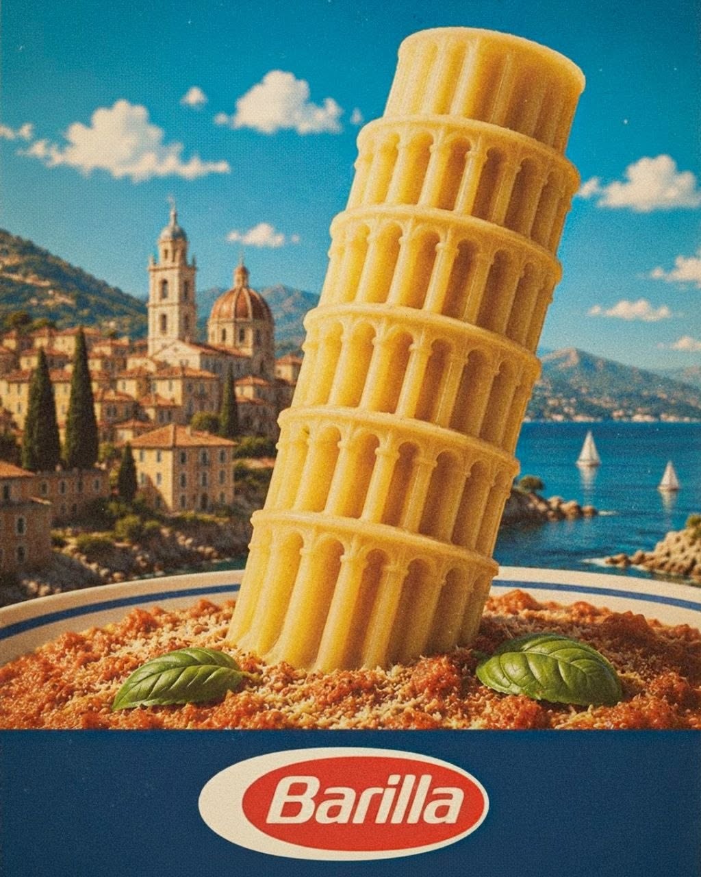 Instagram post: Leaning Tower humorously made from pasta