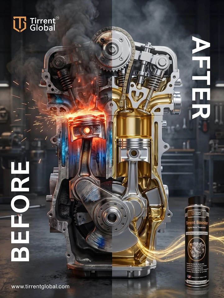 Engine Oil & Lubricants creative ad: Engine cutaway dramatizes before-and-after protection