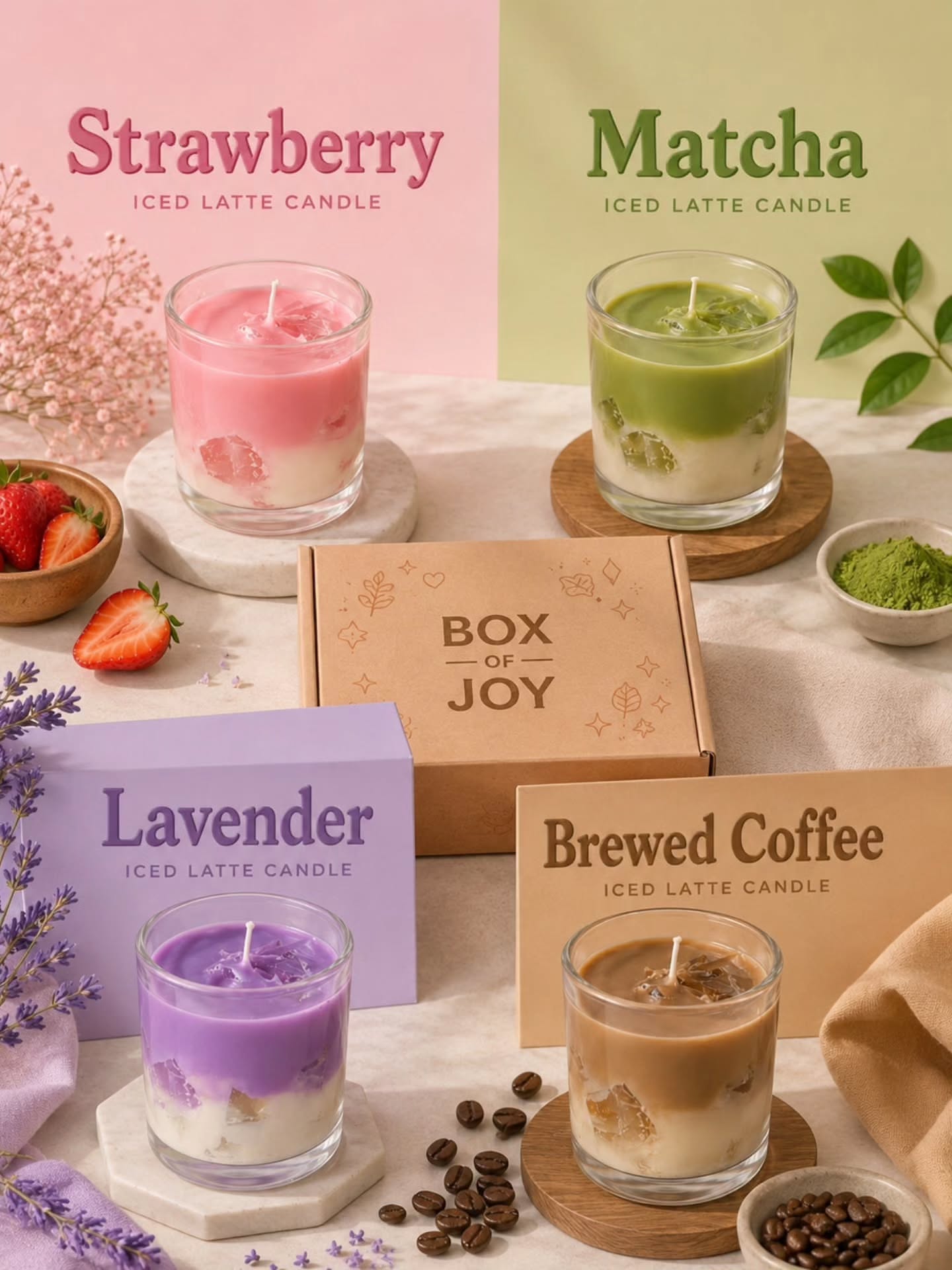 Instagram post: Candles styled as iced latte flavours, slide 1